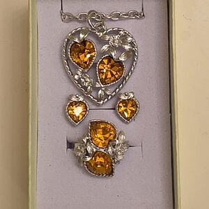 Sarah Coventry Silver and Orange Heart Jewelry Set